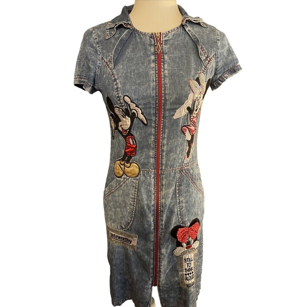 Zara Disney Romper Mickey Mouse Jumpsuit Acid Wash Patch Distressed Dress S(38)